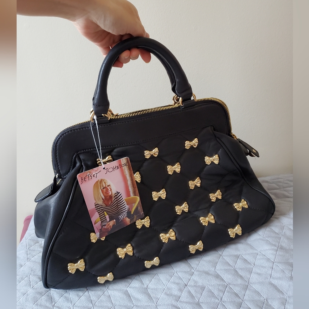NWT!! Vintage Betsey Johnson Black Lamb Leather Gold Bows